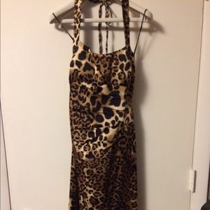 CACH'E GOLD/BLACK PRINT HALTER DRESS, LINED SZ 6